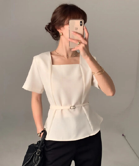 크기 있음 업데이트 캐주얼 품격 작은 샤넬 스타일 광장 칼라 허리 수축 와이드 소매 다용도 일상 출퇴근 반팔 맨위