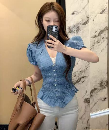 한국 chic 프랑스식 품격 우아함 허리 수축 디자인 슬림해 보이는 셔츠 맨위