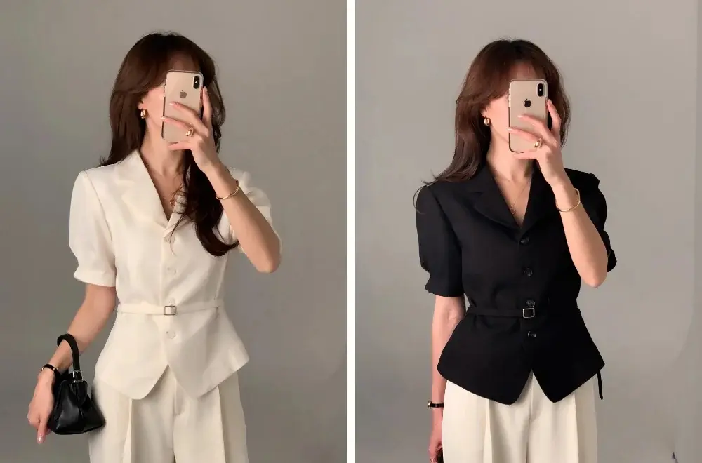 프렌치 스타일 셔츠 카라 단추 여밈 셔츠 상세 이미지 1