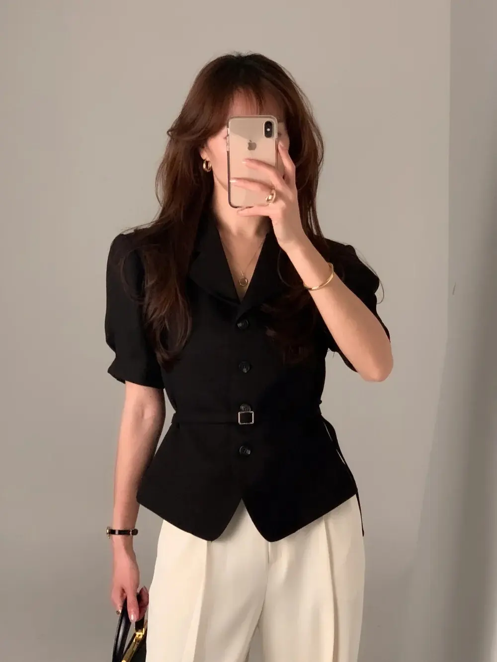프렌치 스타일 셔츠 카라 단추 여밈 셔츠 상세 이미지 3