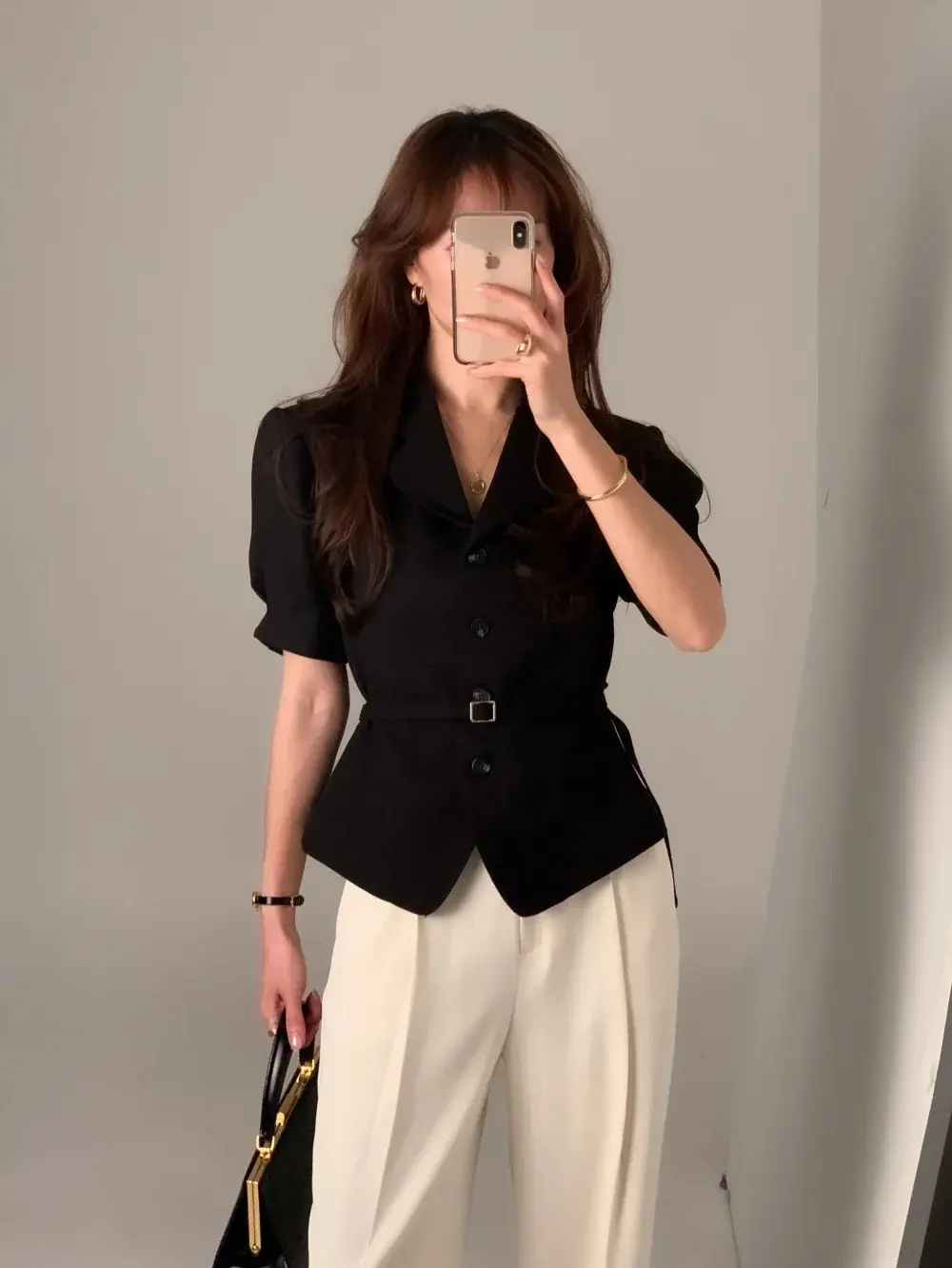 프렌치 스타일 셔츠 카라 단추 여밈 셔츠 상세 이미지 9