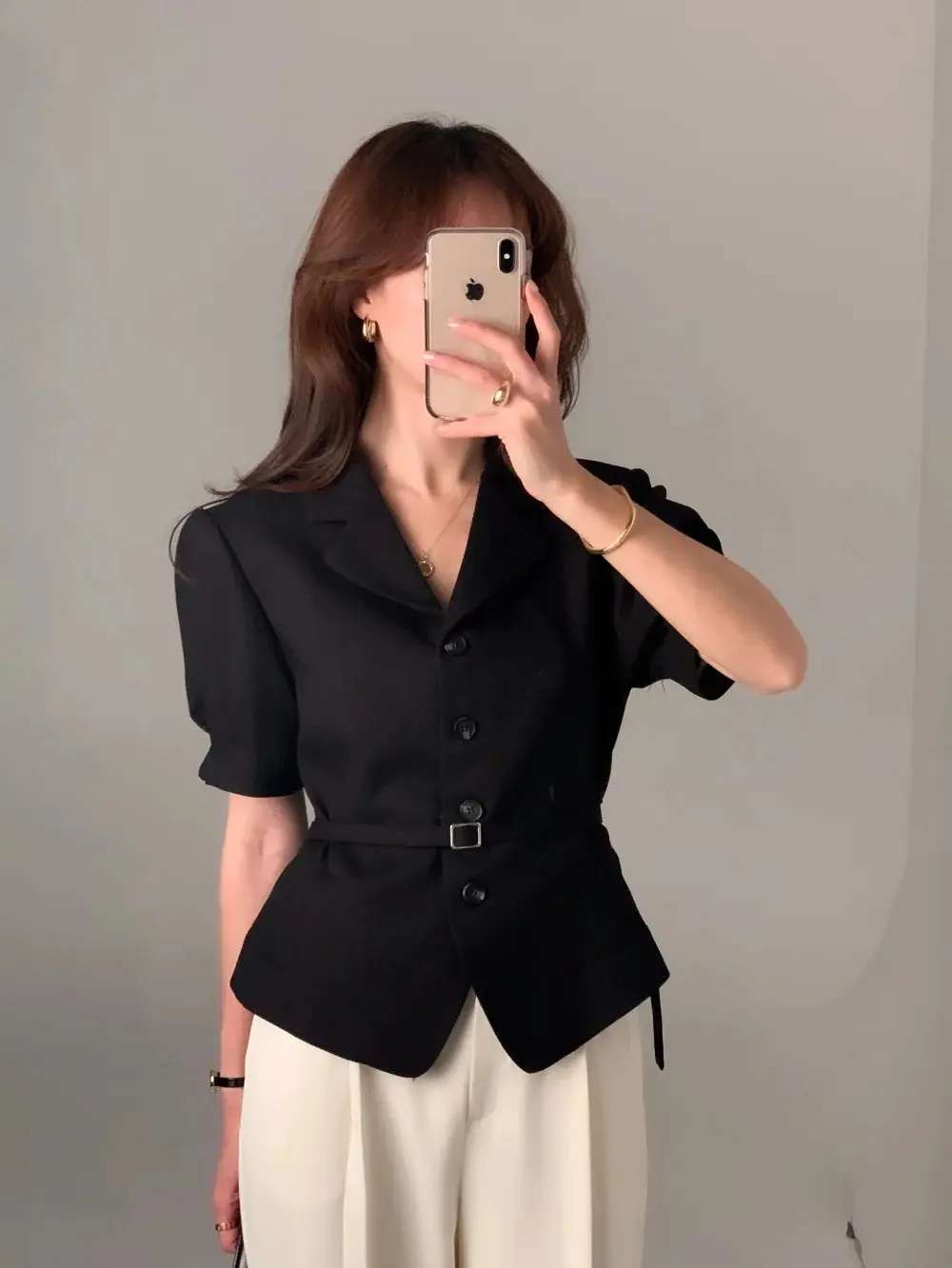 프렌치 스타일 셔츠 카라 단추 여밈 셔츠 상세 이미지 23