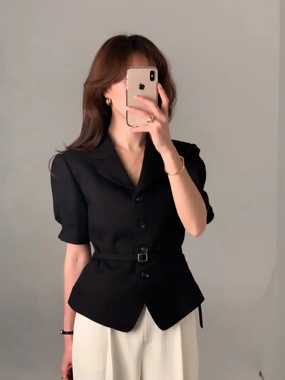 프렌치 스타일 셔츠 카라 단추 여밈 셔츠 상세 이미지 24