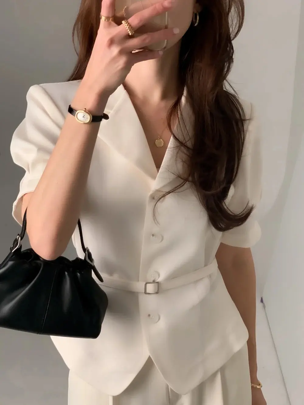 프렌치 스타일 셔츠 카라 단추 여밈 셔츠 상세 이미지 39