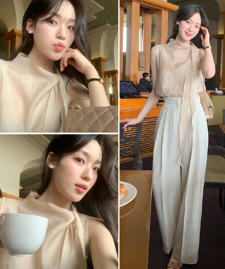 크기 있음 업데이트 한 부서 반하이넥 리본 디자인 센스 조끼 셔츠 우아함 품격 얇은 스타일 쉬폰 톱