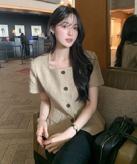 크기 있음 업데이트 한 부서 레트로 품격 작은 샤넬 스타일 광장 칼라 허리 수축 슬림해 보이는 반팔 우아함 다용도 출퇴근 재킷