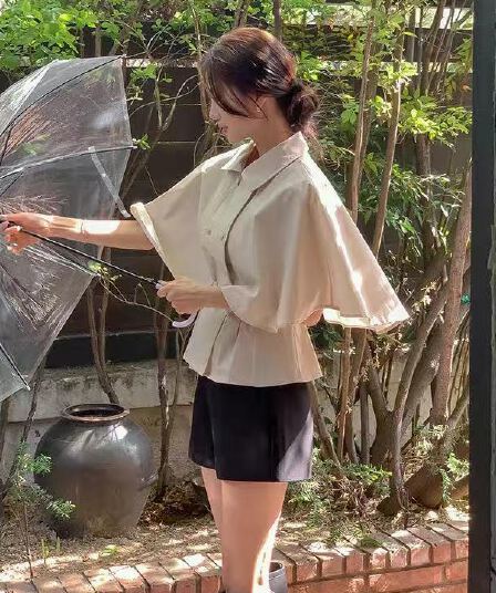 한 부서 품격 우아함 망토 디자인 언더 랙 레이스업 허리 수축 표지 고기 슬림해 보이는 셔츠 맨위 여성