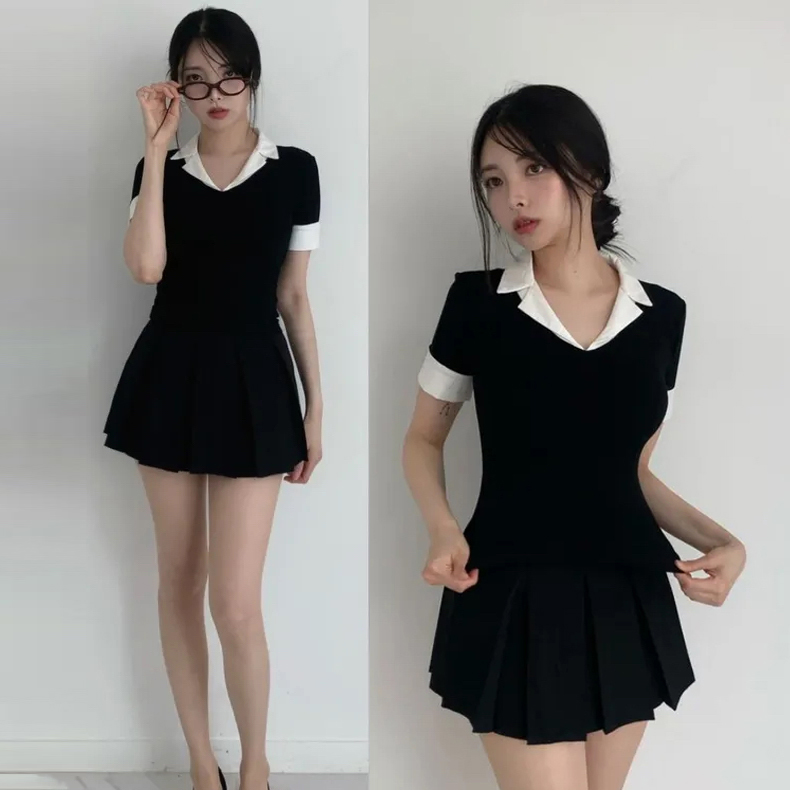 한국 chic 캐주얼 품격 다용도 출퇴근 섹션 폴로 칼라 패치워크 페이크 레이어드 티셔츠 맨위 여성