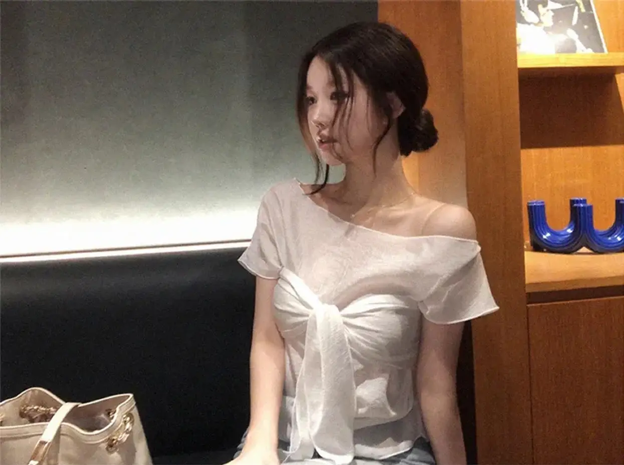 한국인기 원숄더 시스루 셔츠 2피스 세트 상세 이미지 1