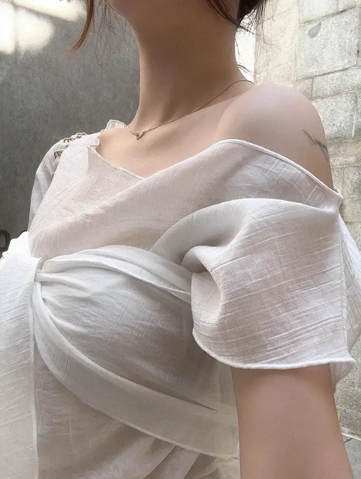 한국인기 원숄더 시스루 셔츠 2피스 세트 상세 이미지 3