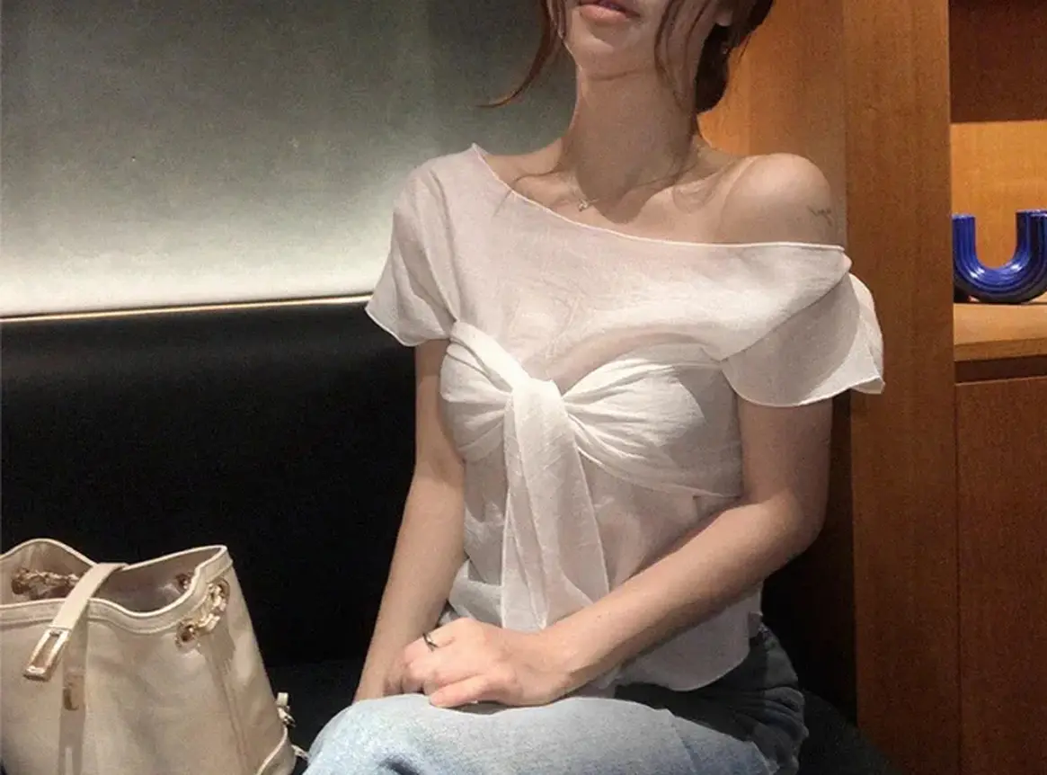 한국인기 원숄더 시스루 셔츠 2피스 세트 상세 이미지 4