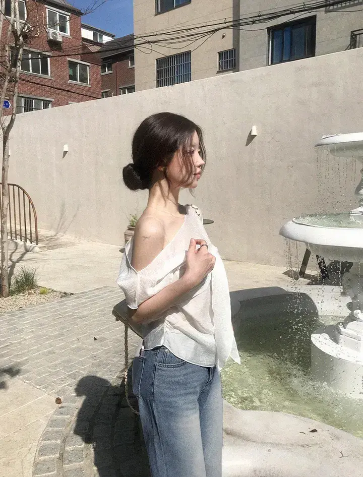 한국인기 원숄더 시스루 셔츠 2피스 세트 상세 이미지 8