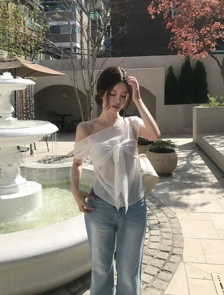 한국인기 원숄더 시스루 셔츠 2피스 세트 상세 이미지 13
