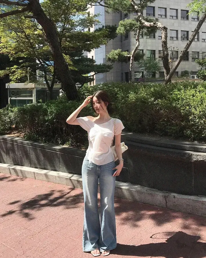 한국인기 원숄더 시스루 셔츠 2피스 세트 상세 이미지 16