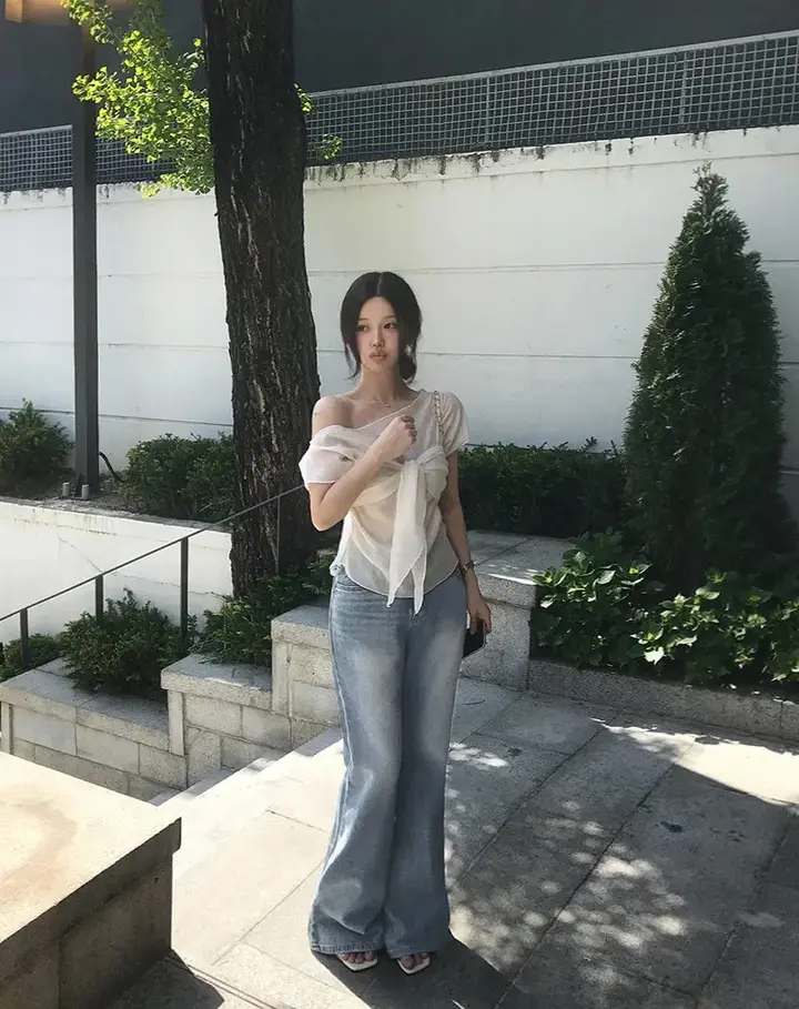 한국인기 원숄더 시스루 셔츠 2피스 세트 상세 이미지 19