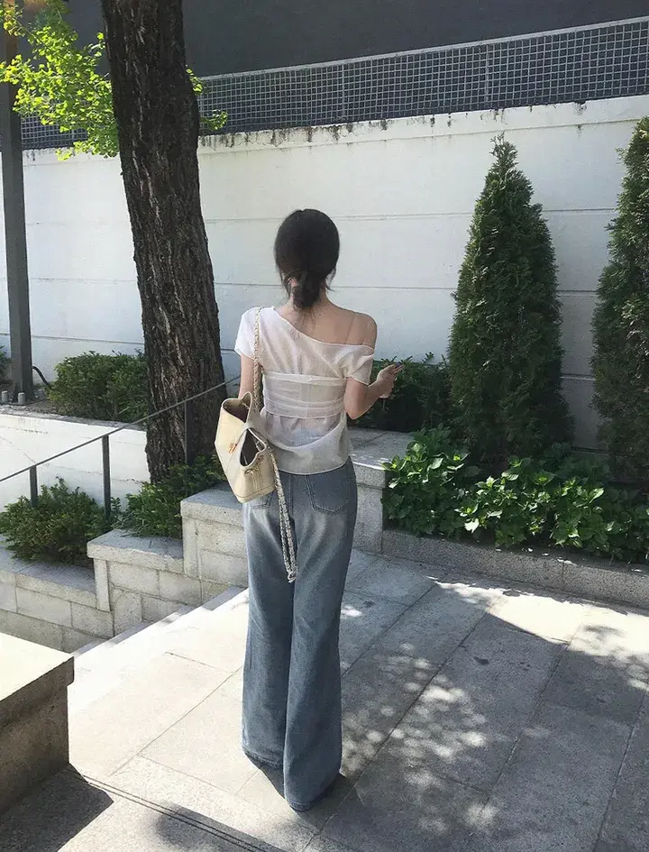 한국인기 원숄더 시스루 셔츠 2피스 세트 상세 이미지 20