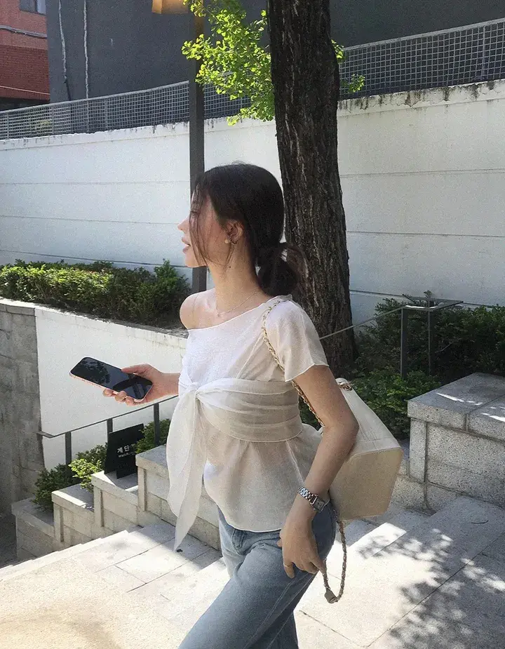 한국인기 원숄더 시스루 셔츠 2피스 세트 상세 이미지 22