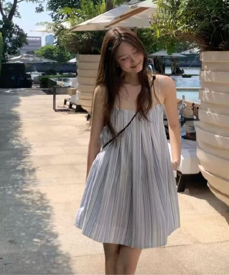 크기 있음 업데이트 ins 한 부서 작은 청신 스트라이프 슬립 드레스 일상 다용도 플리츠 루즈핏 휴가 치마