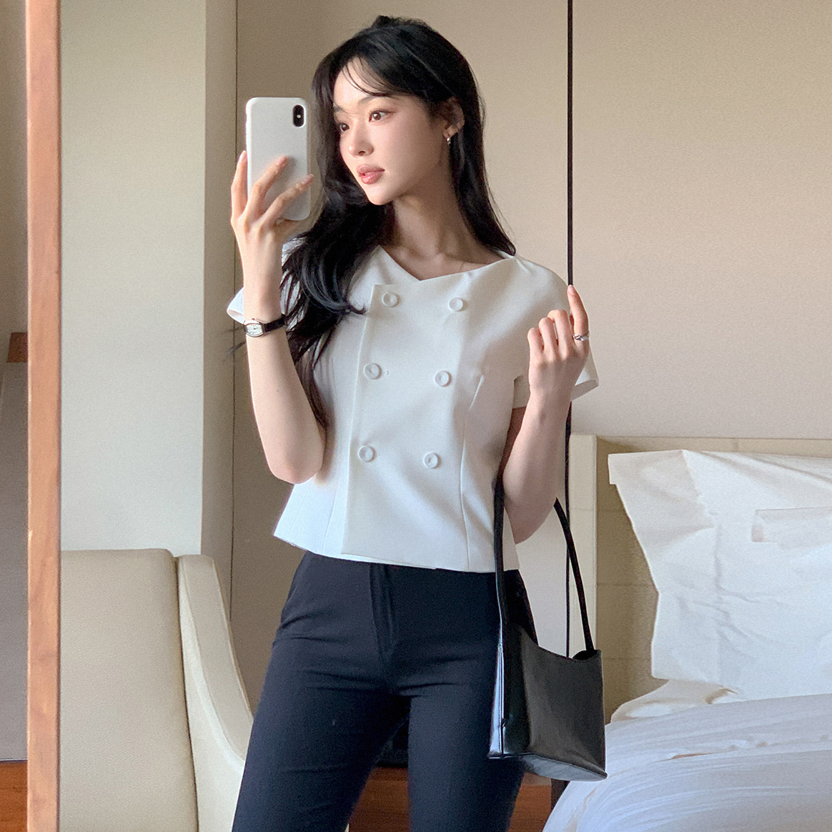한 부서 레트로 품격 작은 샤넬 스타일 허리 수축 슬림해 보이는 반팔 우아함 다용도 출퇴근 짧은 외투