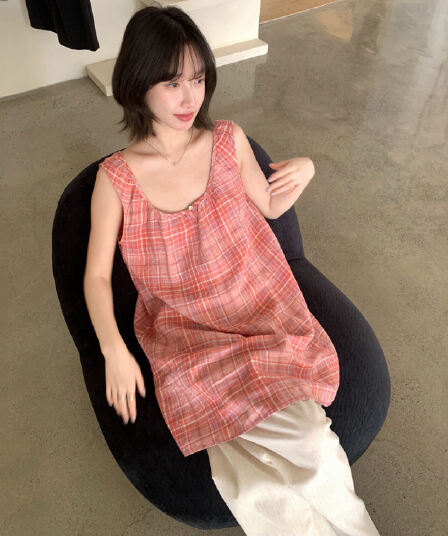 크기 있음 업데이트 한 부서 일상 다용도 달콤함 체크무늬 스택 착용 맨위 V넥 조끼 미니 스커트 슬림해 보이는 디자인 센스