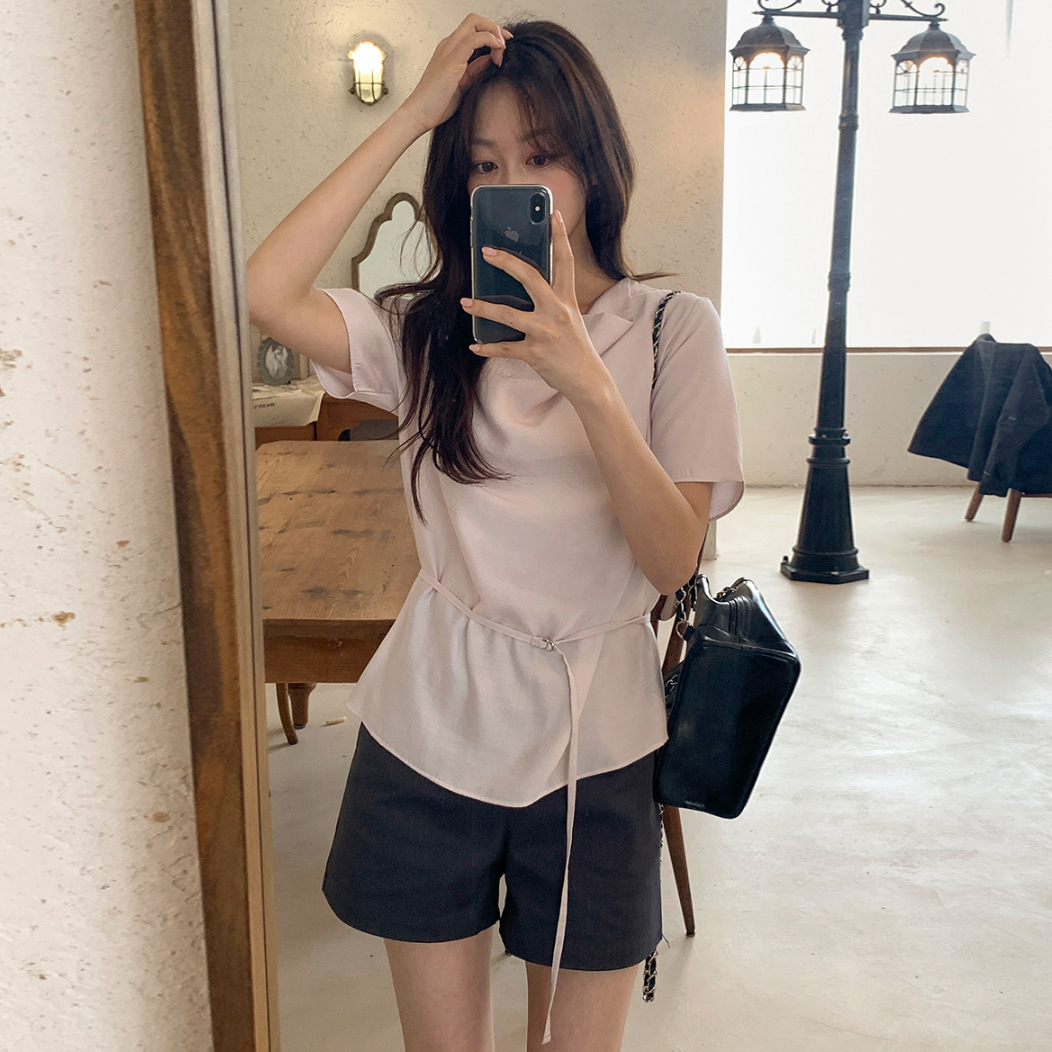 한 부서 부드러운 다용도 품격 우아함 흔들다 칼라 레이스업 허리 수축 일상 다용도 셔츠 맨위