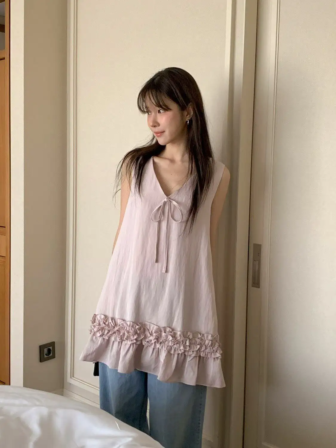 韩系甜美V领连衣裙 상세 이미지 2