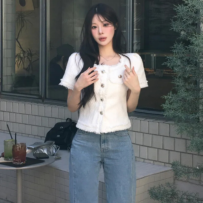 작은 샤넬 스타일 광장 칼라 줄무늬 레이스 반팔 여성 코트 여름 새로운 프랑스식 트위드 금속 버클 쇼트 스타일 맨위
