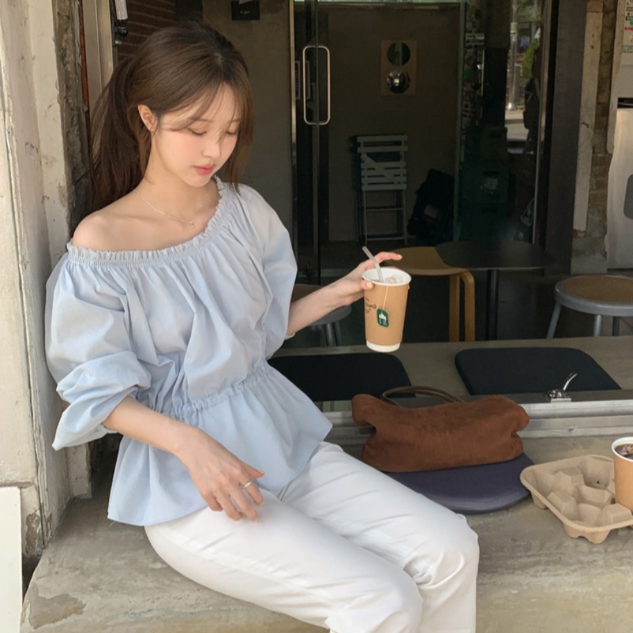한국 chic 라운드 넥 펌프 로프 허리 수축 긴팔 맨위 여성 패션 오프숄더 순수한 욕망 조심해. 기계 허리 수축 Chic 셔츠