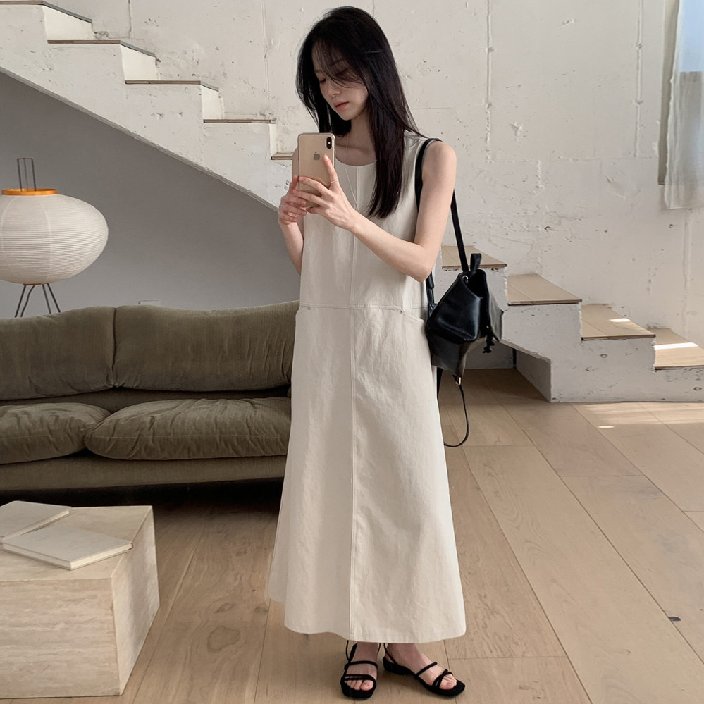 한 부서 미니멀리즘 품격 우아함 루즈핏 라인 센스 더블 주머니 다용도 일상 라운드 넥 드레스