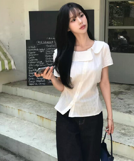 크기 있음 업데이트 한국 스타일 불규칙 베이비 칼라 여성 셔츠 허리 수축 슬림해 보이는 디자인 센스 Chic 품격 맨위