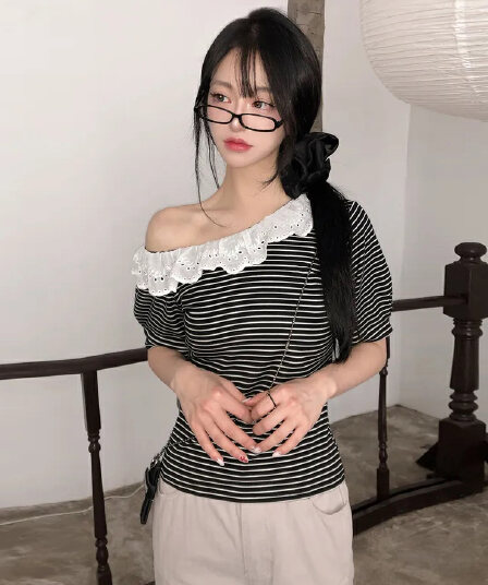 크기 있음 업데이트 한 부서 레트로 스트라이프 레이스 칼라 비스듬한 어깨 캐주얼 맨위 한 부서 품격 슬림해 보이는 반팔 티셔츠