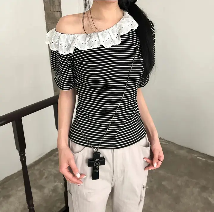 스트라이프 프릴 원숄더 반소매 티셔츠 상세 이미지 7