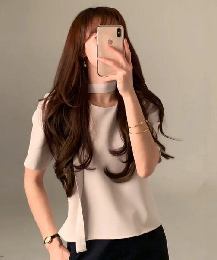 한 부서 미니멀리즘 품격 일상 다용도 루즈핏 레이스업 허리 수축 거품 소매 라운드 넥 작은 셔츠 맨위