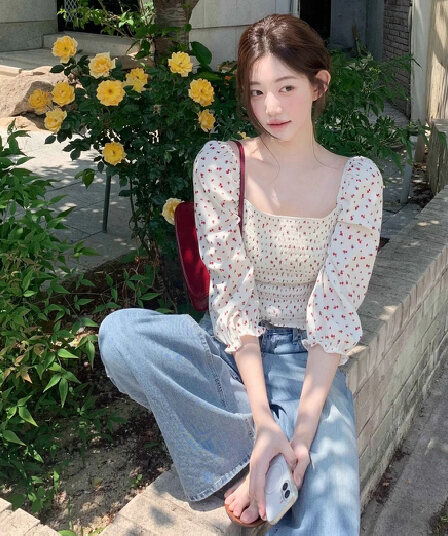 크기 있음 업데이트 프랑스식 낭만주의 광장 칼라 거품 소매 꽃무늬 셔츠 한 부서 Chic 연령 감소 7부 소매 작은 셔츠