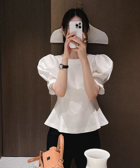 한 부서 원 웨이 우아함 품격 거품 소매 허리 수축 슬림해 보이는 출퇴근 다용도 셔츠