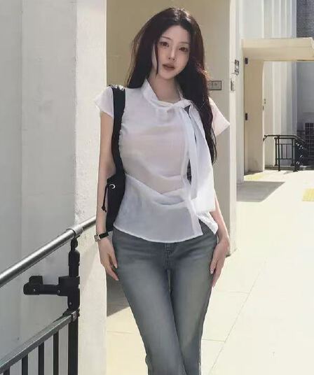 크기 있음 업데이트 ins 보 주님 섹션 프랑스식 레트로 품격 다용도 반팔 맨위 쇼트 스타일 작은 셔츠