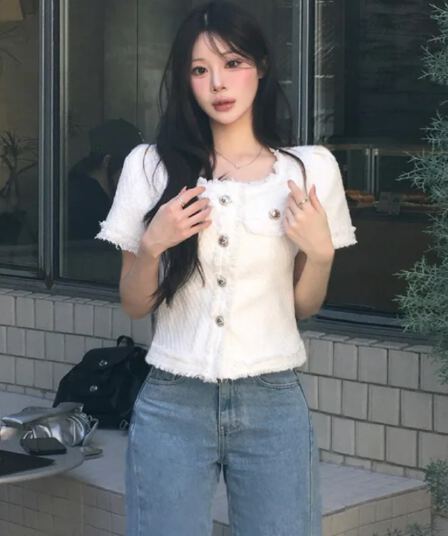 크기 있음 업데이트 작은 샤넬 스타일 광장 칼라 줄무늬 레이스 반팔 여성 코트 여름 새로운 프랑스식 트위드