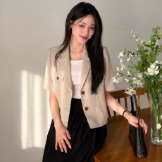 批发韩系简约气质西装领小香风二粒扣短袖日常百搭薄外套<b class='q'>夏</b>