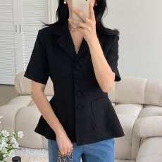 批发韩系简约复古其取值优雅西装领单排扣收腰显瘦短袖西服薄外套<b class='q'>夏</b>