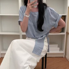 批发韩系简约条纹圆领百搭<b class='q'>衬衫</b>短袖上衣女