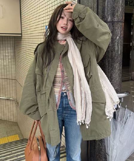 크기 있음 업데이트 한 부서 가을 겨울 기타 주머니 디자인 센스 녹색 워크웨어 바람막이 패션 3 차원 재킷