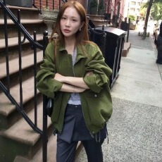 批发韩系复古军绿色工装外套女落肩宽松长袖<b class='q'>休闲</b><b class='q'>夹克</b>秋季百搭风衣外套