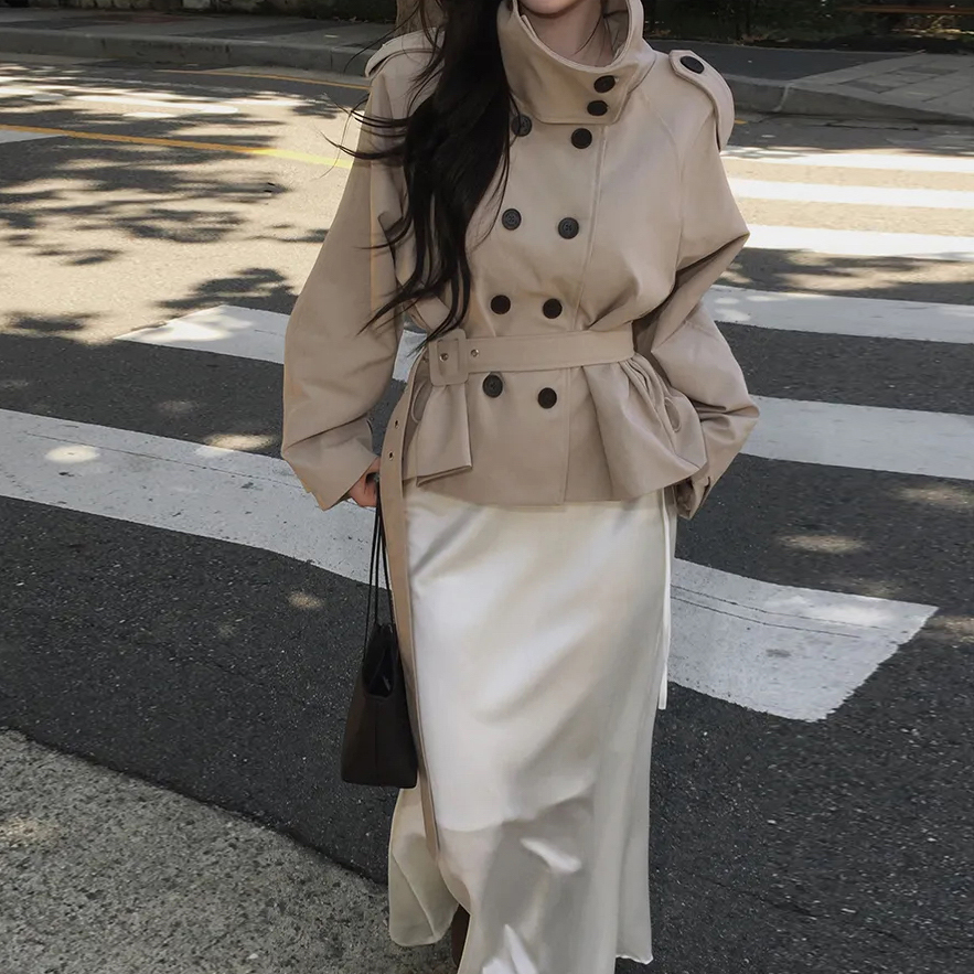 韩系遮肉百搭短款女早秋收腰外套显瘦中领轻职场风衣外套