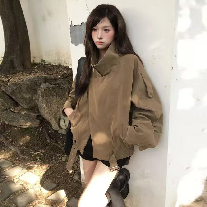 美式复古麂皮绒外套女美拉德复古松弛感棕色宽松休闲夹克上衣