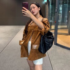 批发法式复古PU皮拼接麂皮绒时尚小众设计感翻领百搭外套