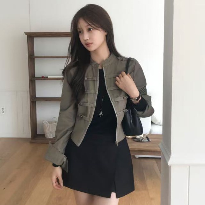 BY36509# 美式高街拿破仑卫衣外套女秋季新款正肩短款百搭夹克上衣  服裝批發女裝批發服飾貨源