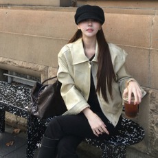 批发韩系简约百搭基础款不过时翻领拉链短款PU皮衣<b class='q'>通勤</b>短款外套