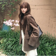 批发法式复古气质百搭西装领麂皮绒外套女美拉德棕色宽松休闲西装外套