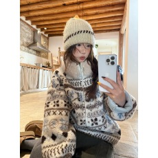 批发费尔岛毛领外套2025新款复古港风保暖加厚毛茸绒夹克女冬