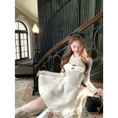 批发Q女家 12/10 雪绒香榭/千金感小香风拼接<b class='q'>蕾丝</b>花边精致年会<b class='q'>连衣裙</b>